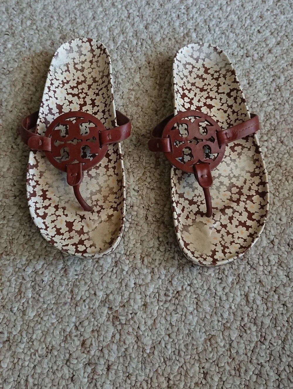 Tory Burch Miller Cloud leather sandals in a burnt cuoio floral print size 9.5